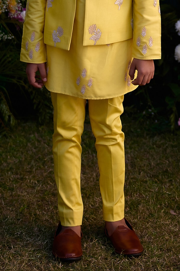 Dandelion Yellow Chanderi Hand Block Printed Waistcoat Set For Boys by Shyam Narayan Prasad Kidswear at Pernia's Pop Up Shop