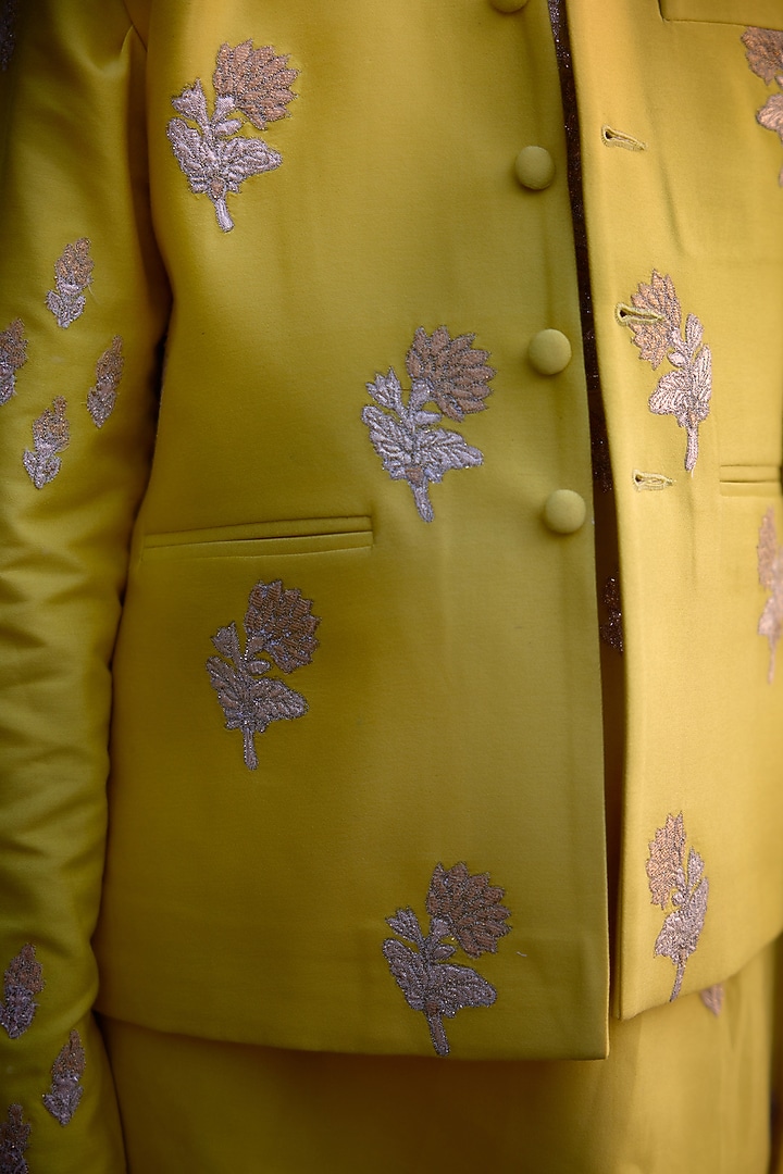 Dandelion Yellow Chanderi Hand Block Printed Waistcoat Set For Boys by Shyam Narayan Prasad Kidswear at Pernia's Pop Up Shop