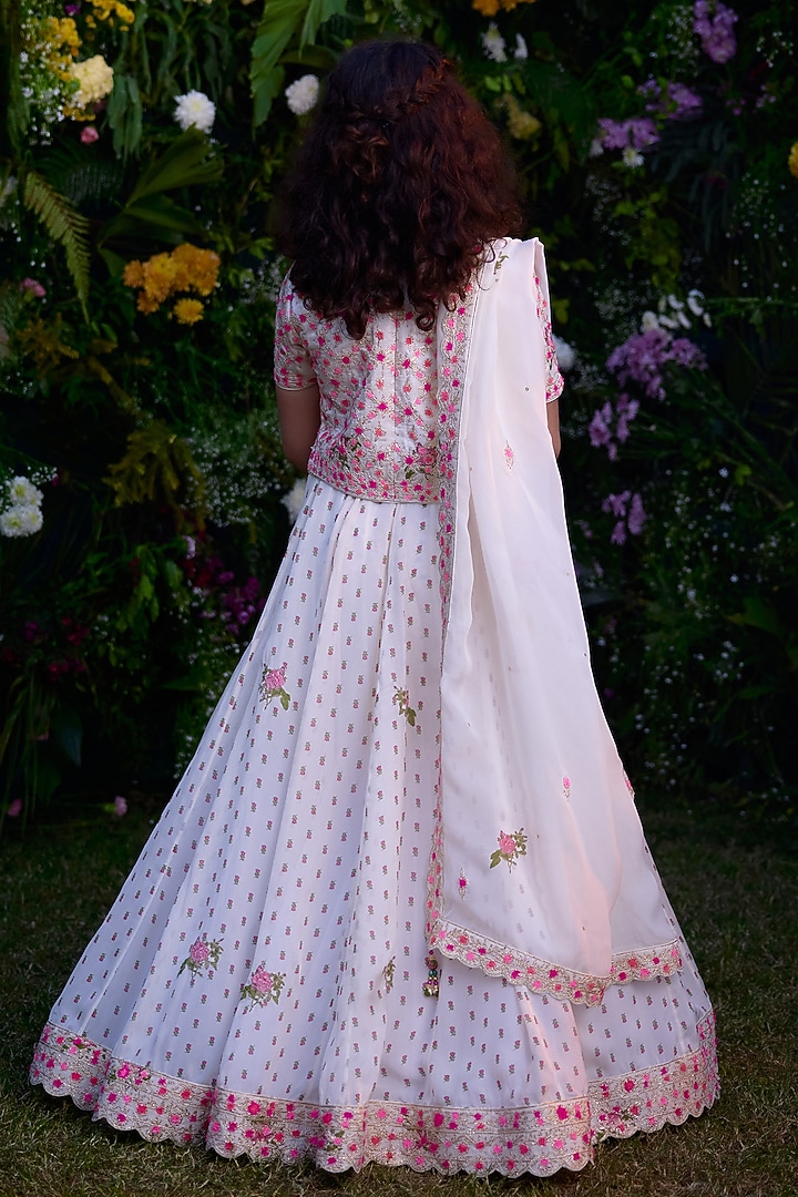 Ivory Modal & Flat Chiffon Hand Block Printed Lehenga Set For Girls by Shyam Narayan Prasad Kidswear at Pernia's Pop Up Shop