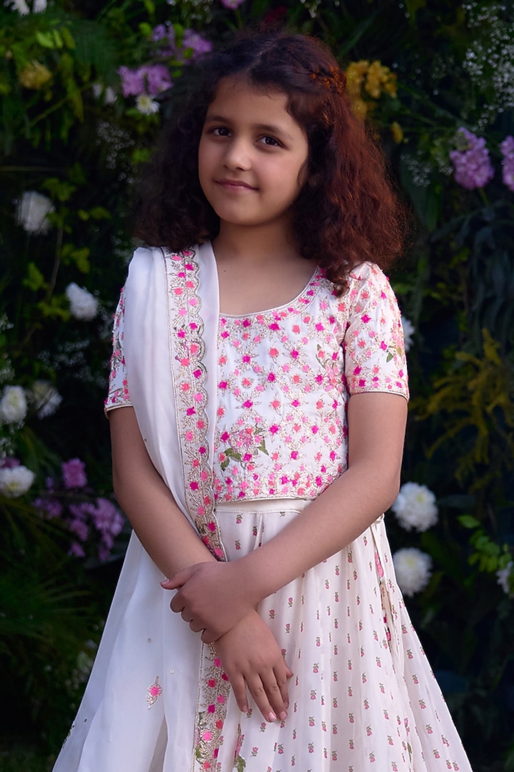 Ivory Modal & Flat Chiffon Hand Block Printed Lehenga Set For Girls by Shyam Narayan Prasad Kidswear at Pernia's Pop Up Shop