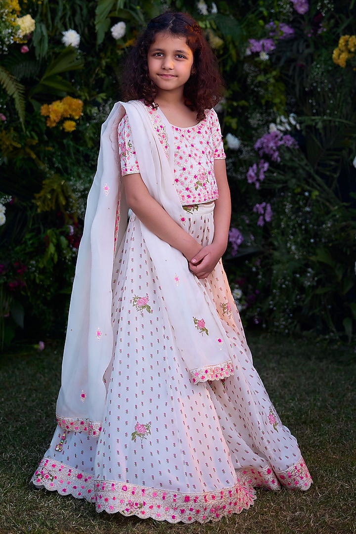 Ivory Modal & Flat Chiffon Hand Block Printed Lehenga Set For Girls by Shyam Narayan Prasad Kidswear at Pernia's Pop Up Shop