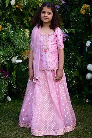 Candy Pink Chanderi Brocade Lehenga Set For Girls by Shyam Narayan Prasad Kidswear