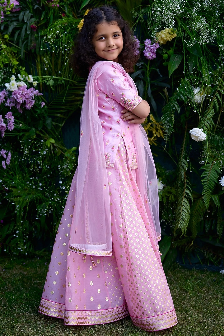 Candy Pink Chanderi Brocade Lehenga Set For Girls by Shyam Narayan Prasad Kidswear at Pernia's Pop Up Shop