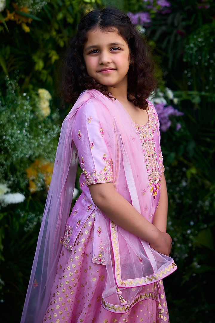 Candy Pink Chanderi Brocade Lehenga Set For Girls by Shyam Narayan Prasad Kidswear at Pernia's Pop Up Shop