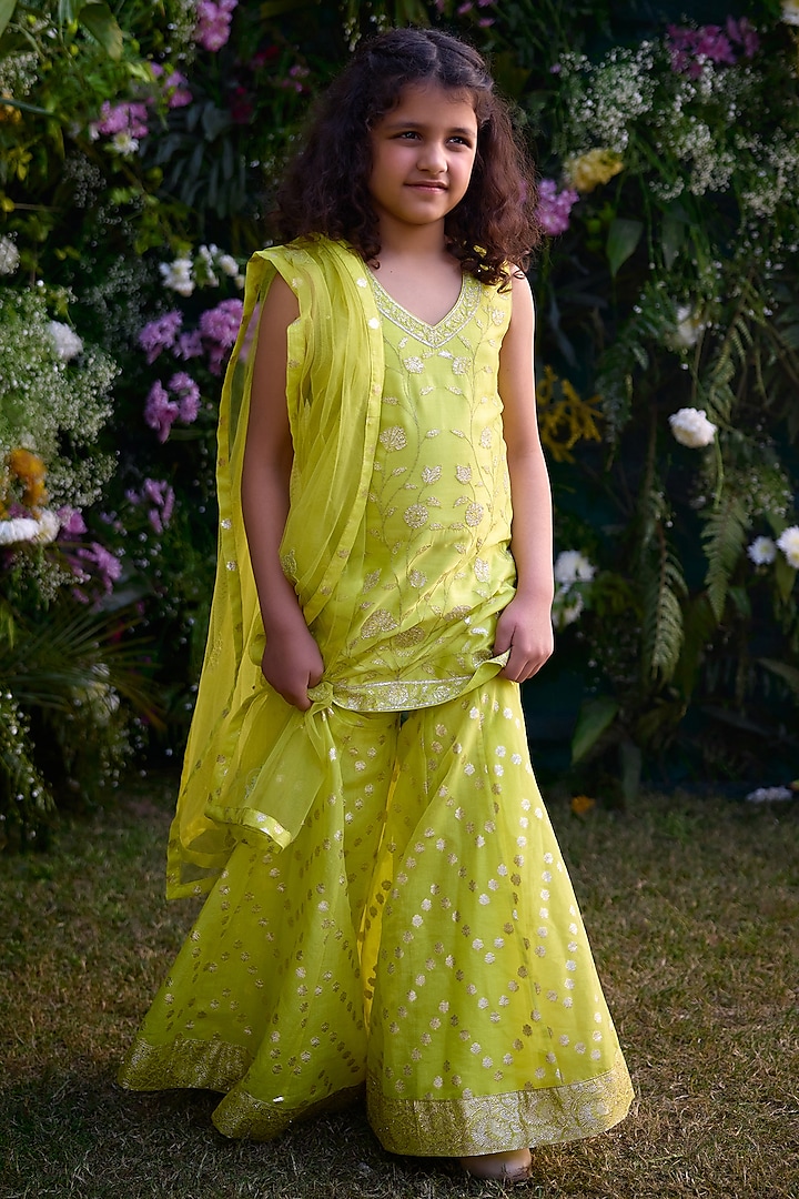 Spring Green Chanderi Brocade Patch & Thread Embroidered Sharara Set For Girls by Shyam Narayan Prasad Kidswear