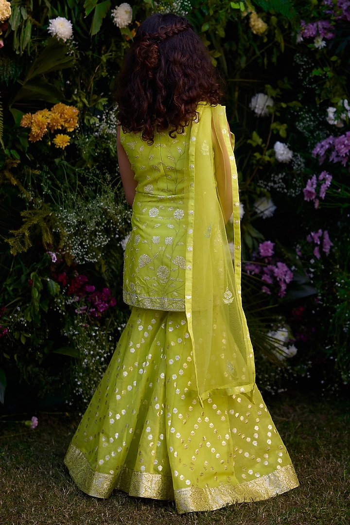 Spring Green Chanderi Brocade Patch & Thread Embroidered Sharara Set For Girls by Shyam Narayan Prasad Kidswear at Pernia's Pop Up Shop