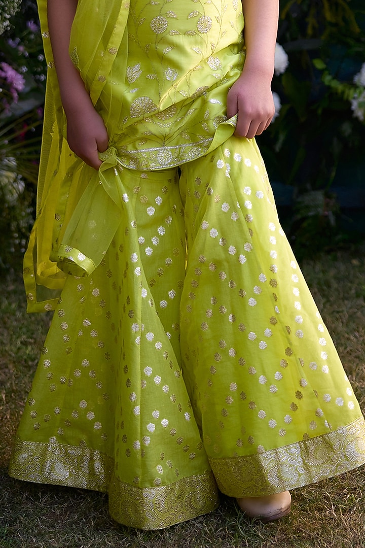 Spring Green Chanderi Brocade Patch & Thread Embroidered Sharara Set For Girls by Shyam Narayan Prasad Kidswear at Pernia's Pop Up Shop