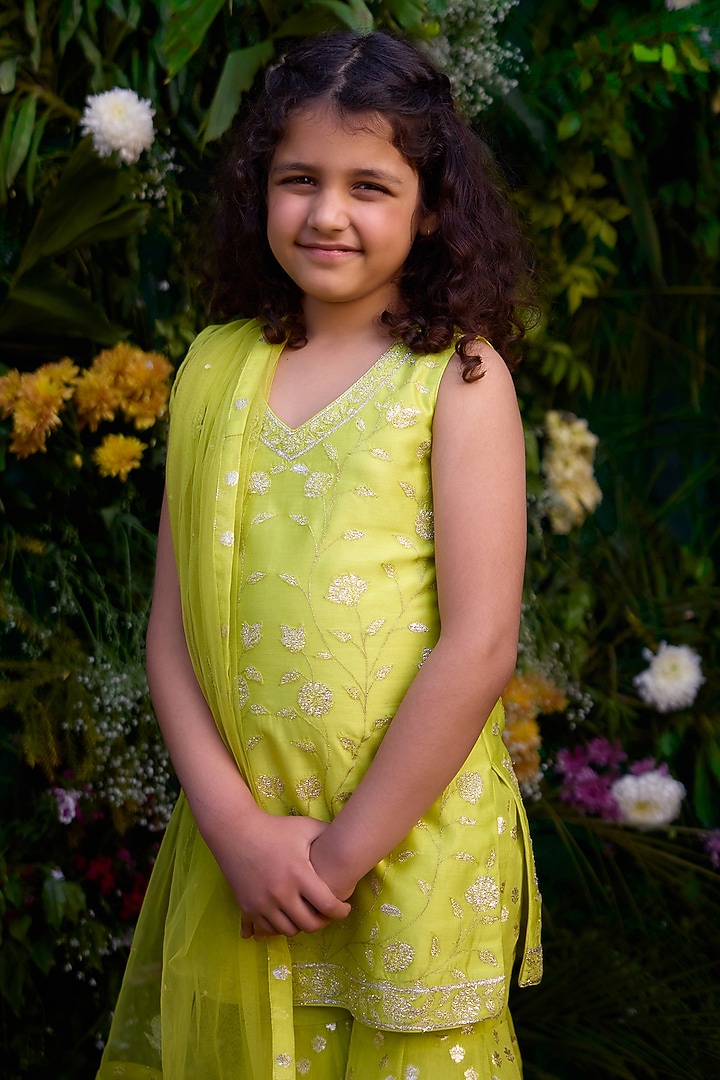 Spring Green Chanderi Brocade Patch & Thread Embroidered Sharara Set For Girls by Shyam Narayan Prasad Kidswear at Pernia's Pop Up Shop