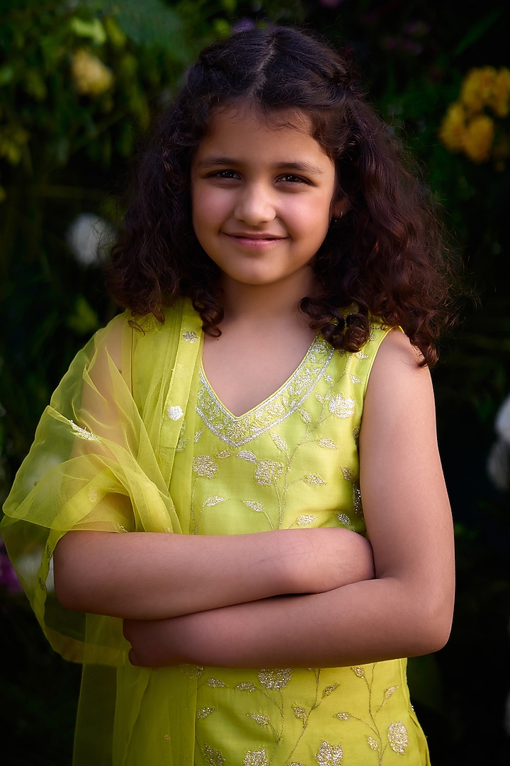 Spring Green Chanderi Brocade Patch & Thread Embroidered Sharara Set For Girls by Shyam Narayan Prasad Kidswear at Pernia's Pop Up Shop