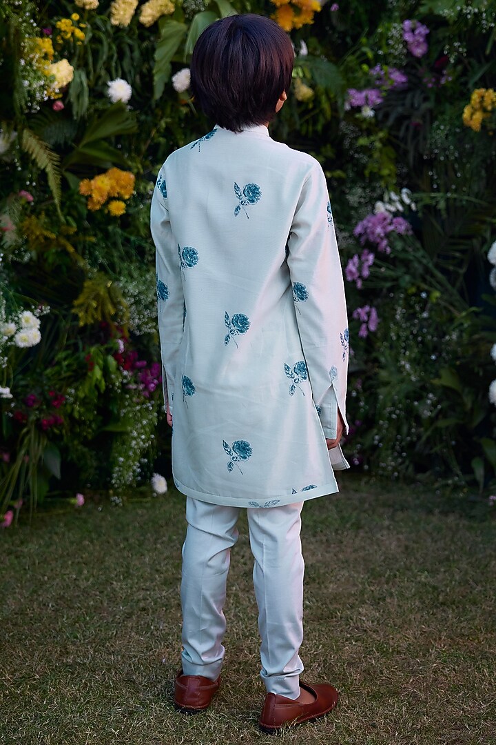 Illusion Blue Chanderi Hand Block Printed Kurta Set For Boys by Shyam Narayan Prasad Kidswear at Pernia's Pop Up Shop
