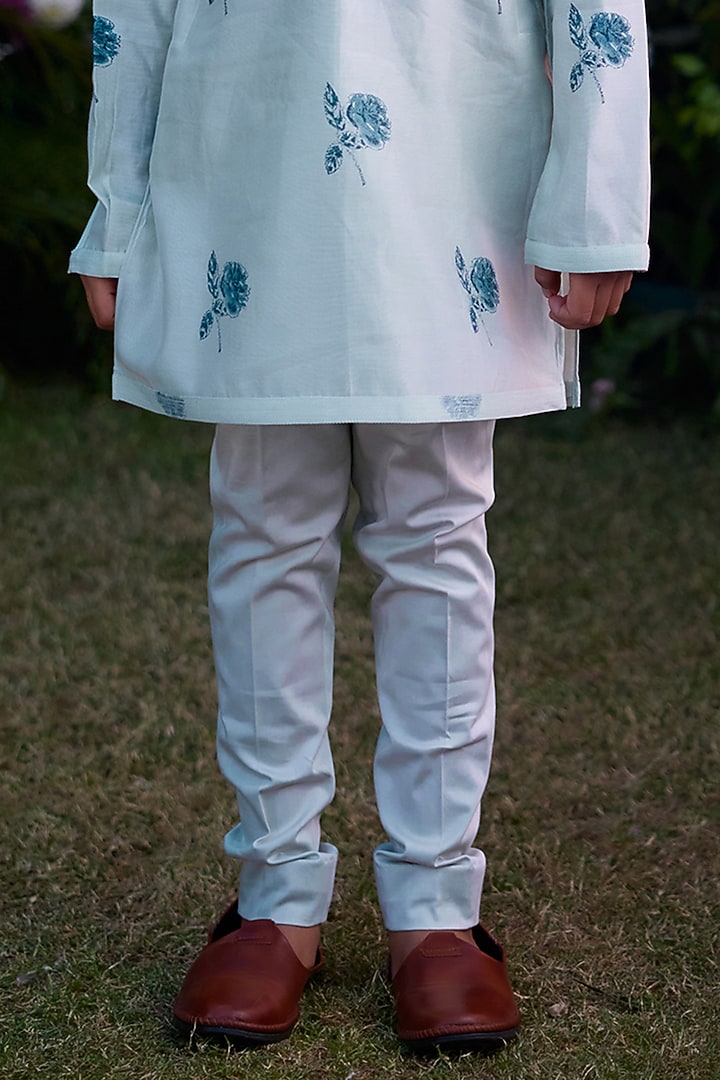 Illusion Blue Chanderi Hand Block Printed Kurta Set For Boys by Shyam Narayan Prasad Kidswear at Pernia's Pop Up Shop