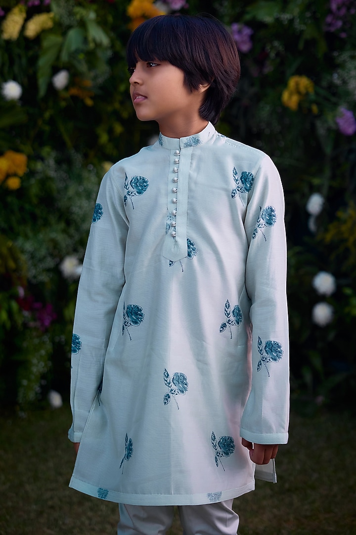 Illusion Blue Chanderi Hand Block Printed Kurta Set For Boys by Shyam Narayan Prasad Kidswear at Pernia's Pop Up Shop
