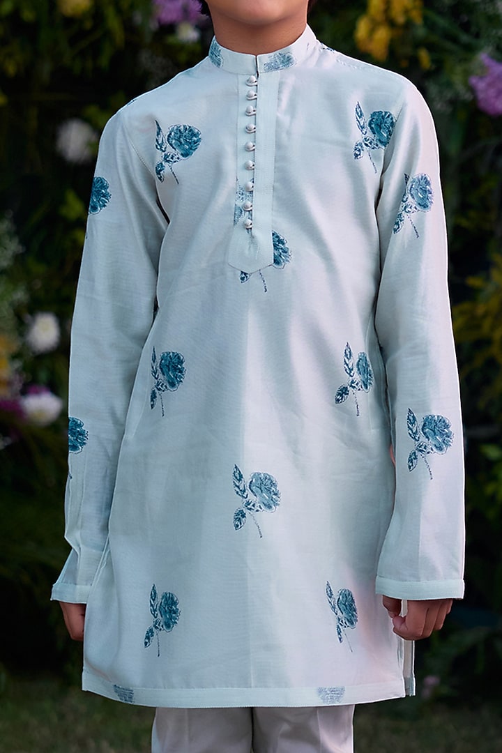 Illusion Blue Chanderi Hand Block Printed Kurta Set For Boys by Shyam Narayan Prasad Kidswear at Pernia's Pop Up Shop