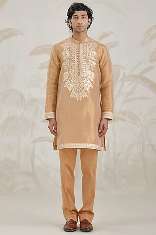 Gold Organza Tissue Thread Embroidered Kurta Set by Shyam Narayan Prasad Men