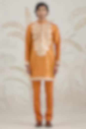 Burnt Orange Organza Tissue Thread Embroidered Kurta Set by Shyam Narayan Prasad Men at Pernia's Pop Up Shop