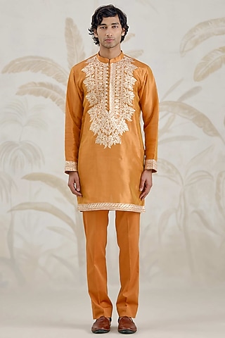 Burnt Orange Organza Tissue Thread Embroidered Kurta Set by Shyam Narayan Prasad Men