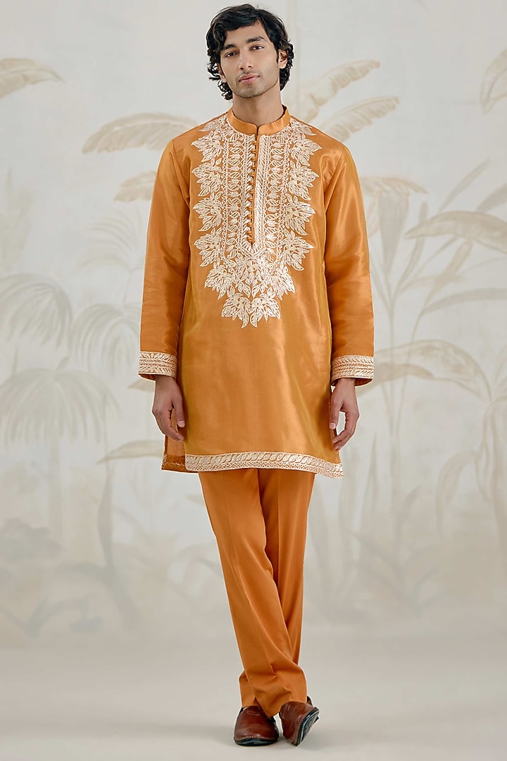 Burnt Orange Organza Tissue Thread Embroidered Kurta Set by Shyam Narayan Prasad Men at Pernia's Pop Up Shop