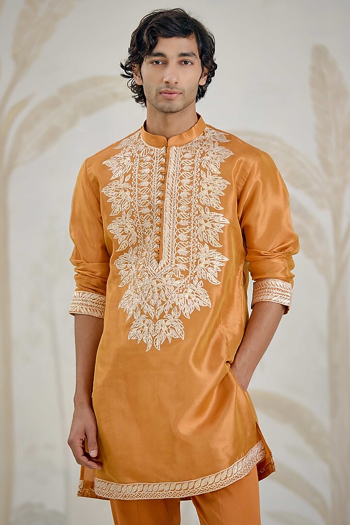 Burnt Orange Organza Tissue Thread Embroidered Kurta Set by Shyam Narayan Prasad Men at Pernia's Pop Up Shop