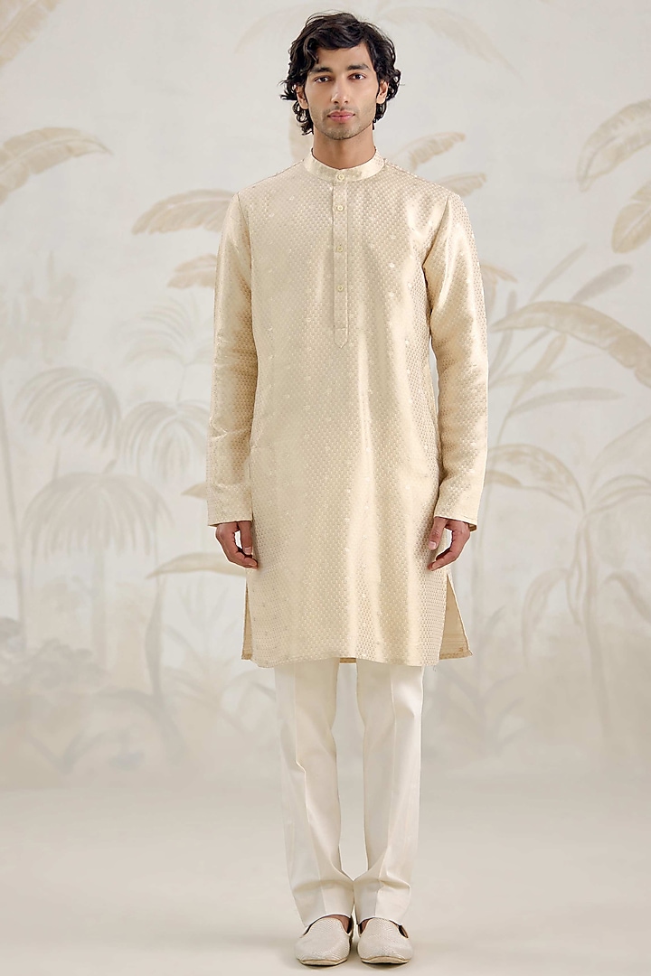 Ivory Banarasi Silk Brocade Kurta Set by Shyam Narayan Prasad Men at Pernia's Pop Up Shop