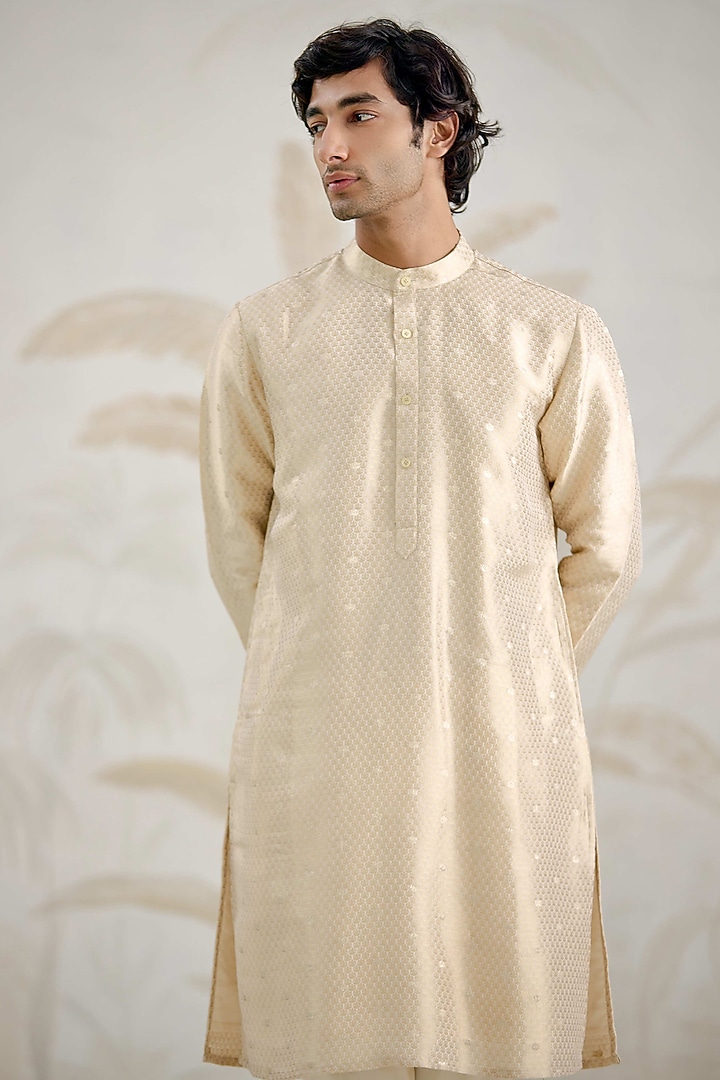 Ivory Banarasi Silk Brocade Kurta Set by Shyam Narayan Prasad Men at Pernia's Pop Up Shop