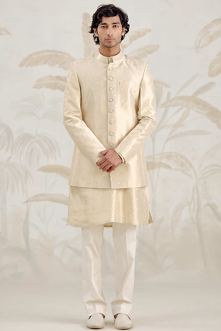 Ivory Banarasi Silk Brocade Bundi Jacket Set by Shyam Narayan Prasad Men at Pernia's Pop Up Shop