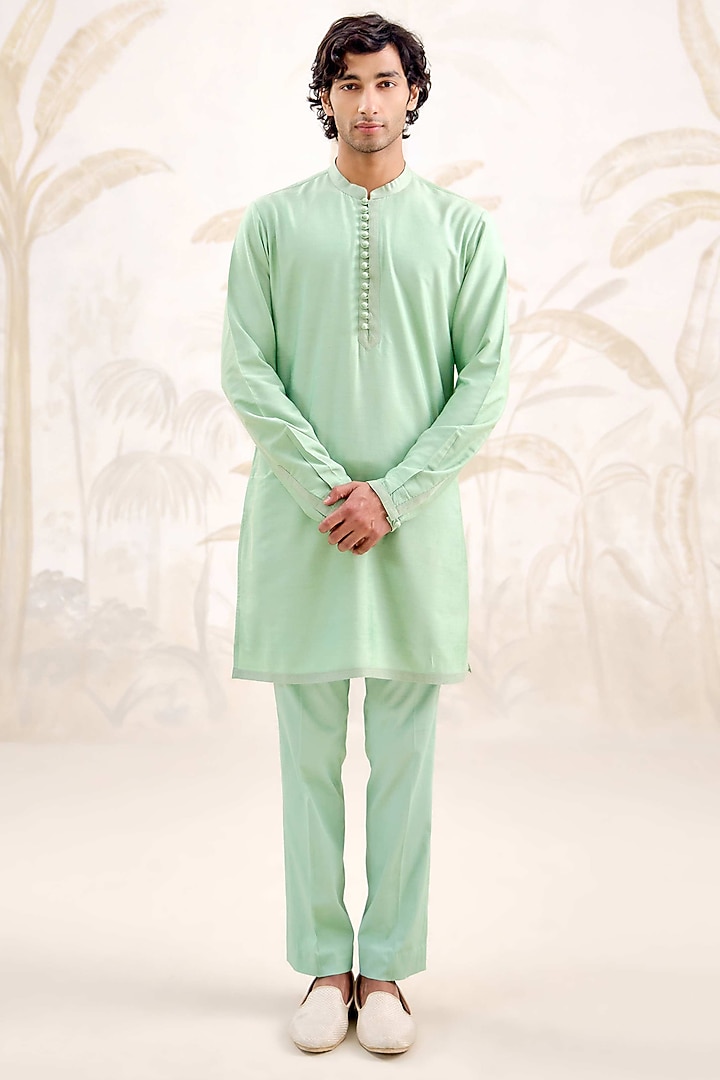 Sea Green Cotton Silk Kurta Set by Shyam Narayan Prasad Men at Pernia's Pop Up Shop
