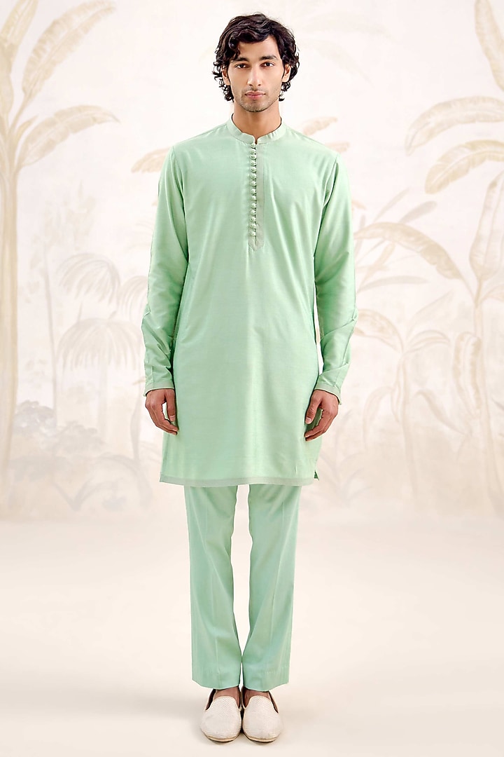 Sea Green Cotton Silk Kurta Set by Shyam Narayan Prasad Men at Pernia's Pop Up Shop