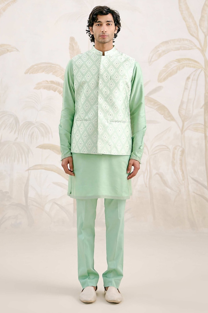 Sea Green Cotton Silk Bundi Jacket Set by Shyam Narayan Prasad Men at Pernia's Pop Up Shop