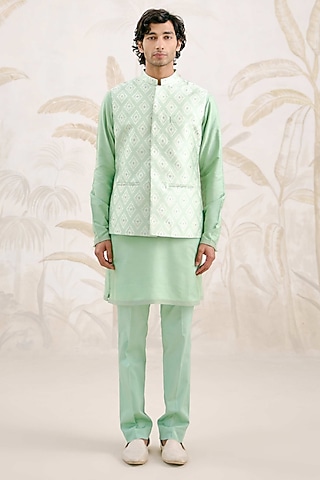 Sea Green Cotton Silk Bundi Jacket Set by Shyam Narayan Prasad Men