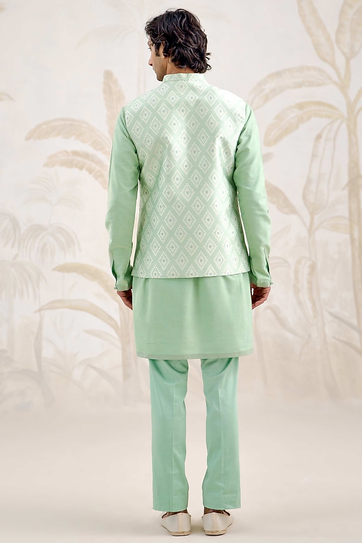 Sea Green Cotton Silk Bundi Jacket Set by Shyam Narayan Prasad Men at Pernia's Pop Up Shop