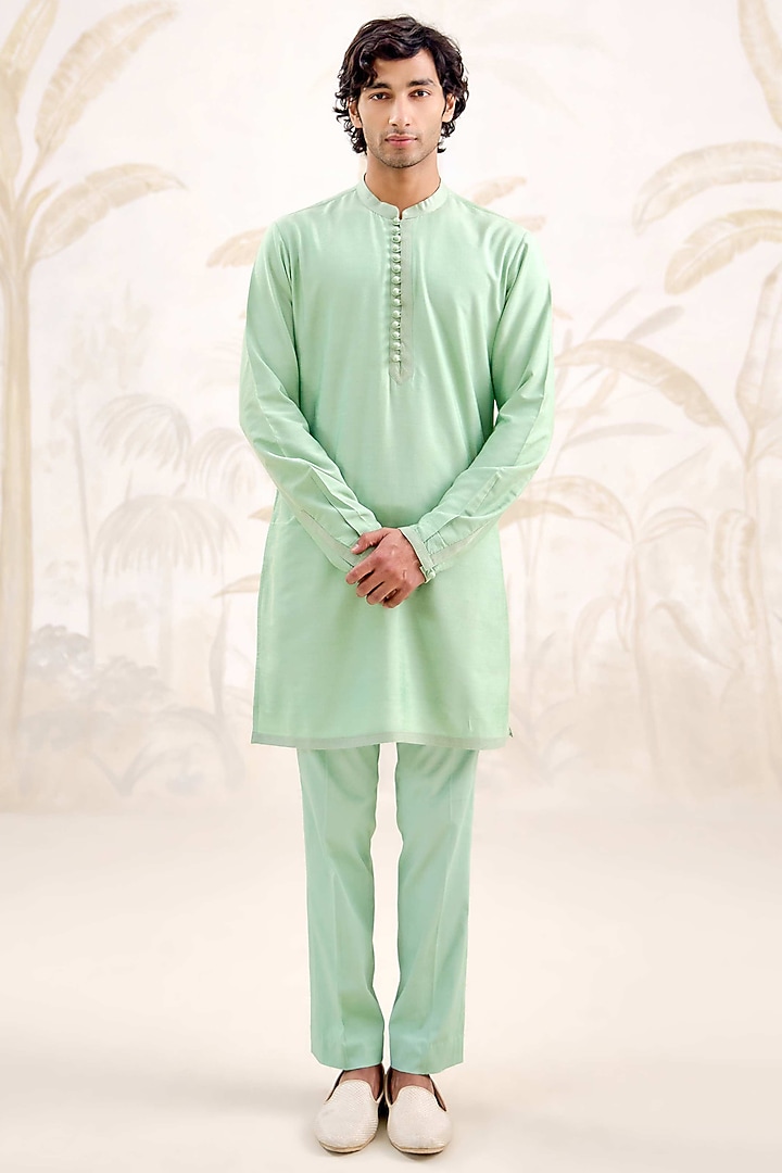 Sea Green Cotton Silk Bundi Jacket Set by Shyam Narayan Prasad Men at Pernia's Pop Up Shop