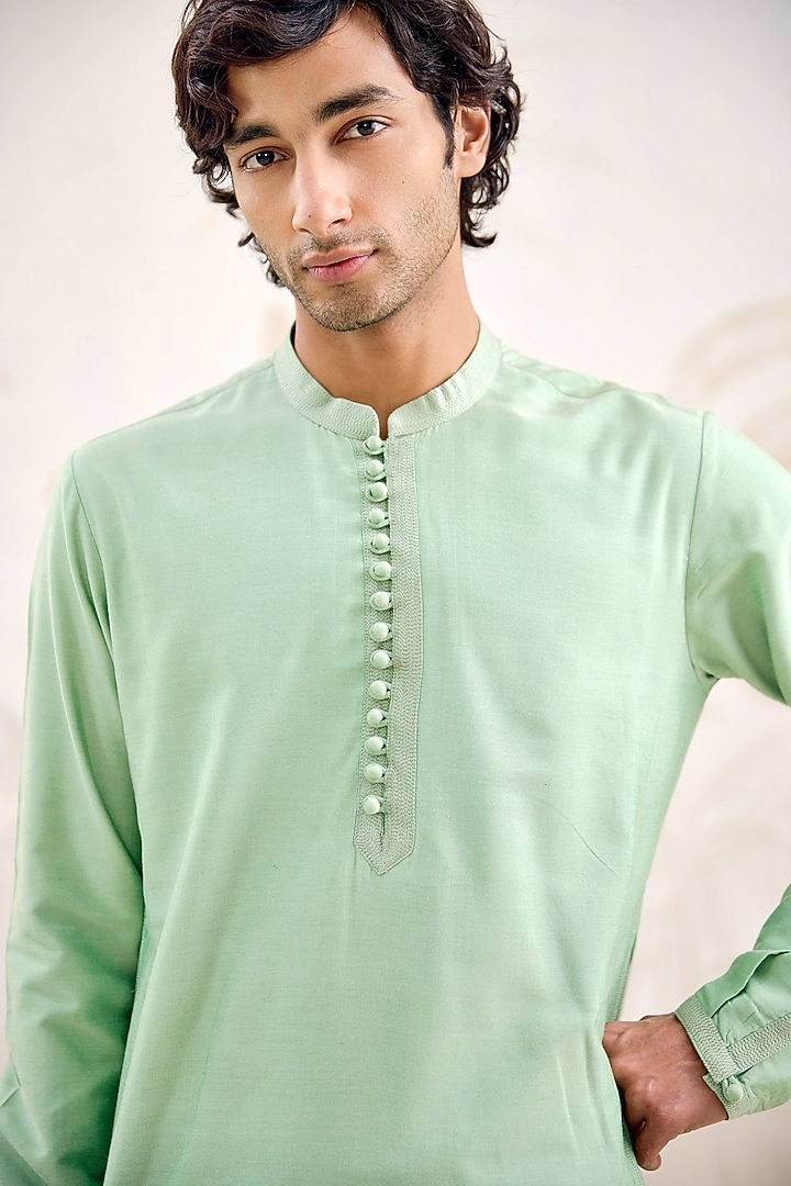 Sea Green Cotton Silk Bundi Jacket Set by Shyam Narayan Prasad Men at Pernia's Pop Up Shop
