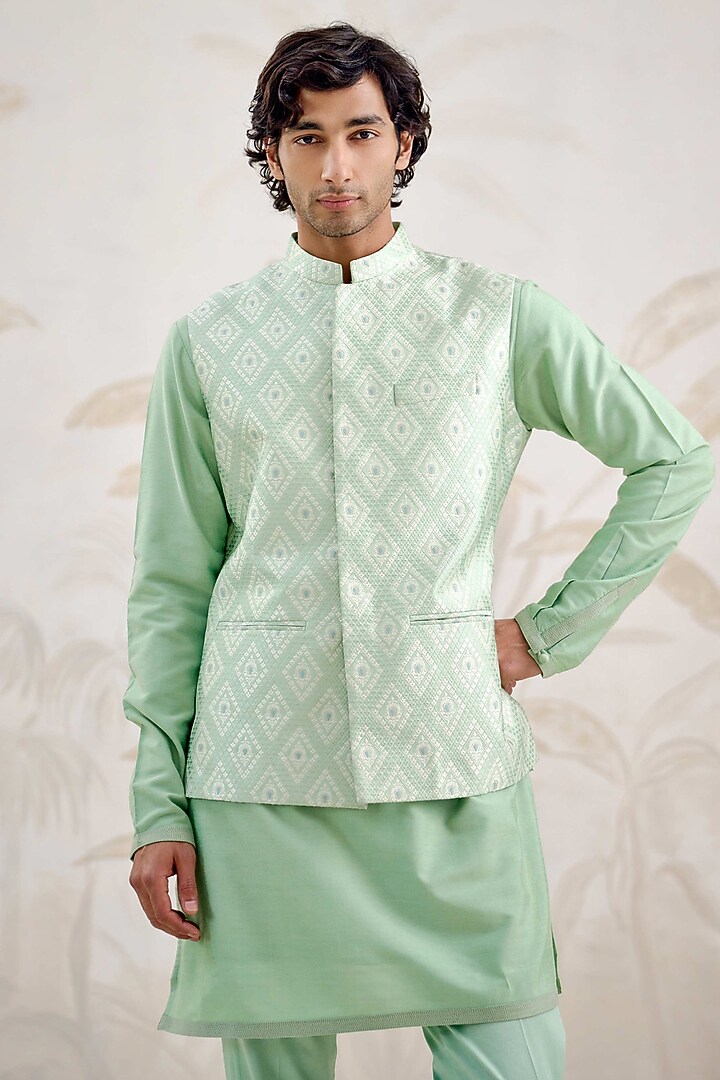 Sea Green Cotton Silk Bundi Jacket Set by Shyam Narayan Prasad Men at Pernia's Pop Up Shop