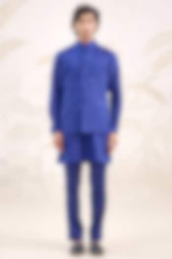 Midnight Blue Jacquard Bundi Jacket Set by Shyam Narayan Prasad Men at Pernia's Pop Up Shop