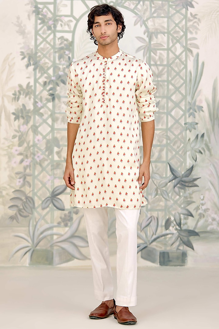 Off-White Cotton Satin Printed Kurta Set by Shyam Narayan Prasad Men at Pernia's Pop Up Shop