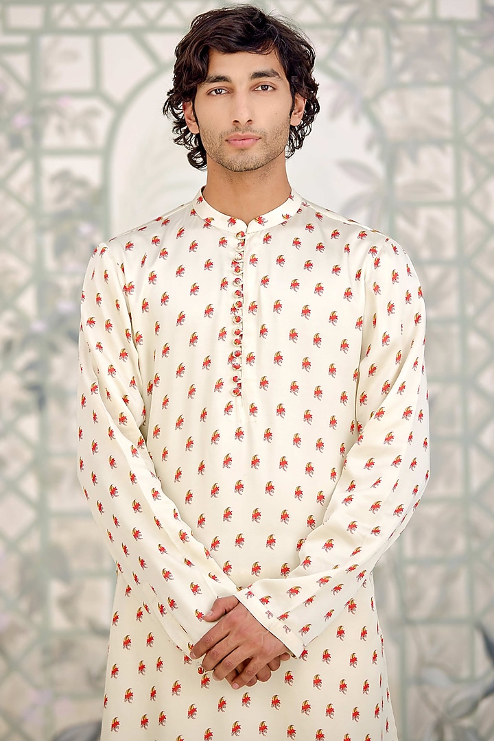 Off-White Cotton Satin Printed Kurta Set by Shyam Narayan Prasad Men at Pernia's Pop Up Shop