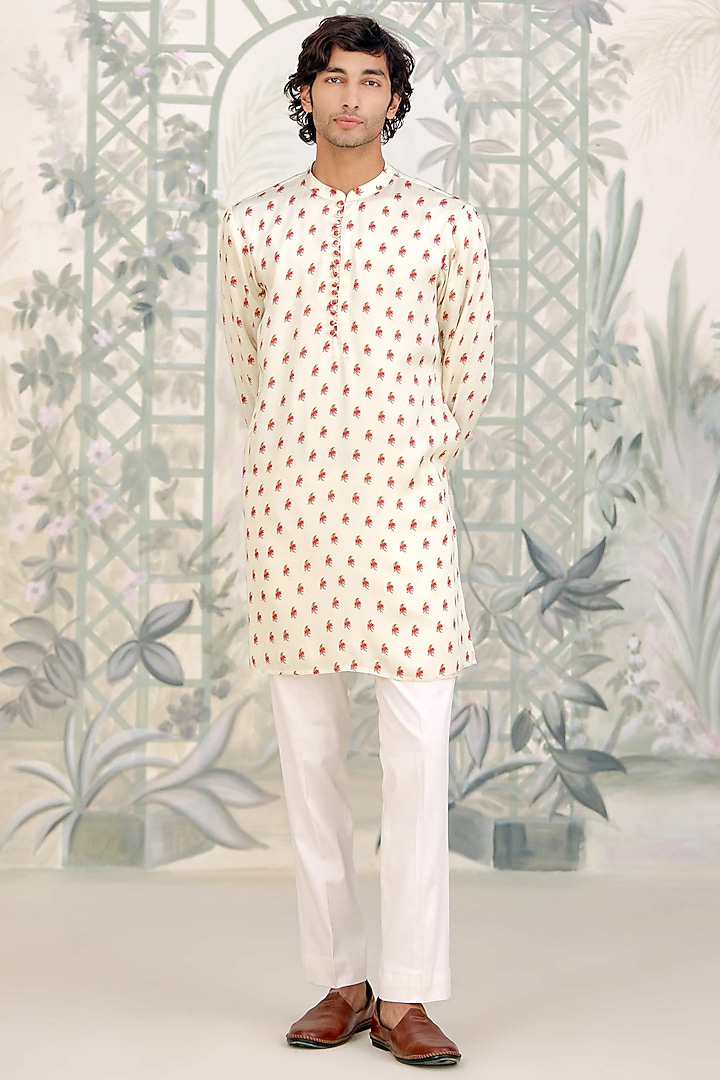 Off-White Cotton Satin Printed Bundi Jacket Set by Shyam Narayan Prasad Men at Pernia's Pop Up Shop