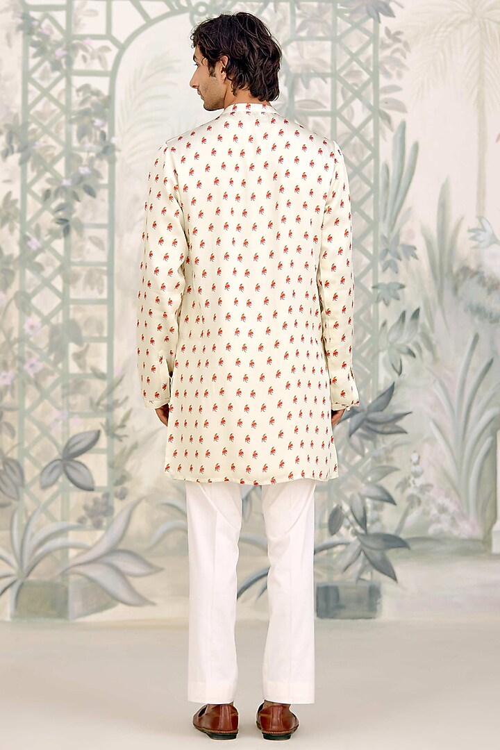 Off-White Cotton Satin Printed Bundi Jacket Set by Shyam Narayan Prasad Men at Pernia's Pop Up Shop