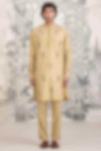 Neutral Yellow Cotton Satin Printed Kurta Set by Shyam Narayan Prasad Men at Pernia's Pop Up Shop