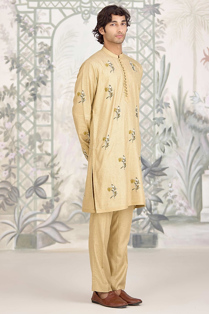 Neutral Yellow Cotton Satin Printed Kurta Set by Shyam Narayan Prasad Men at Pernia's Pop Up Shop