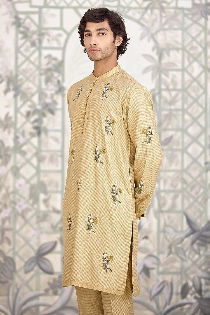 Neutral Yellow Cotton Satin Printed Kurta Set by Shyam Narayan Prasad Men at Pernia's Pop Up Shop