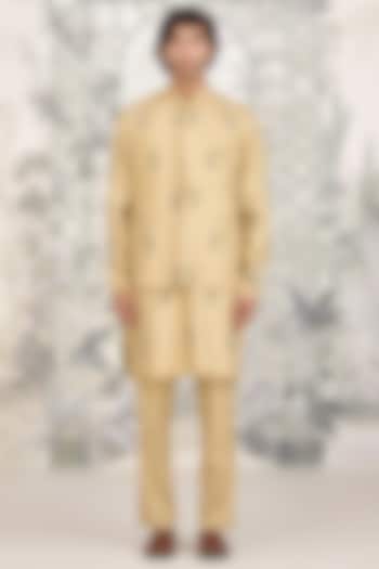 Neutral Yellow Cotton Satin Printed Bundi Jacket Set by Shyam Narayan Prasad Men at Pernia's Pop Up Shop