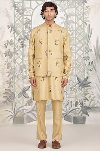 Neutral Yellow Cotton Satin Printed Bundi Jacket Set by Shyam Narayan Prasad Men