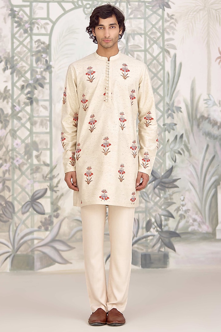 Ivory Bhagalpuri Silk Printed Kurta Set by Shyam Narayan Prasad Men at Pernia's Pop Up Shop