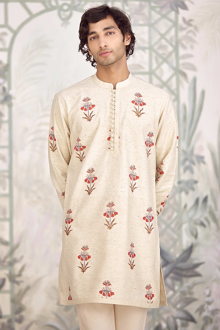 Ivory Bhagalpuri Silk Printed Kurta Set by Shyam Narayan Prasad Men at Pernia's Pop Up Shop