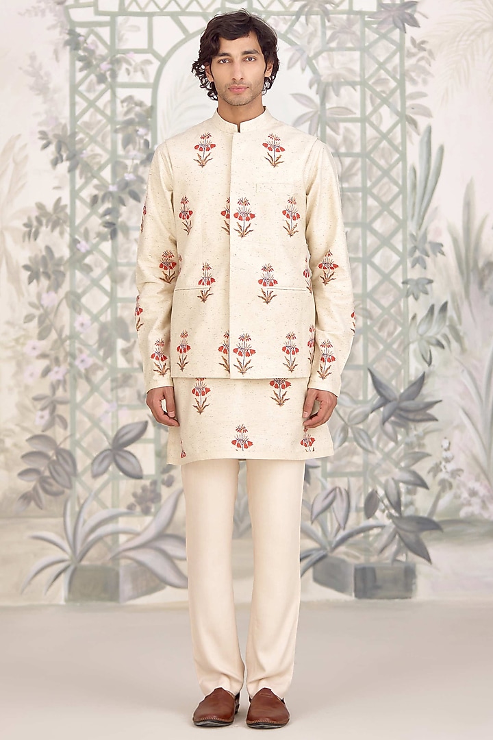 Ivory Bhagalpuri Silk Printed Nehru Jacket Set by Shyam Narayan Prasad Men at Pernia's Pop Up Shop