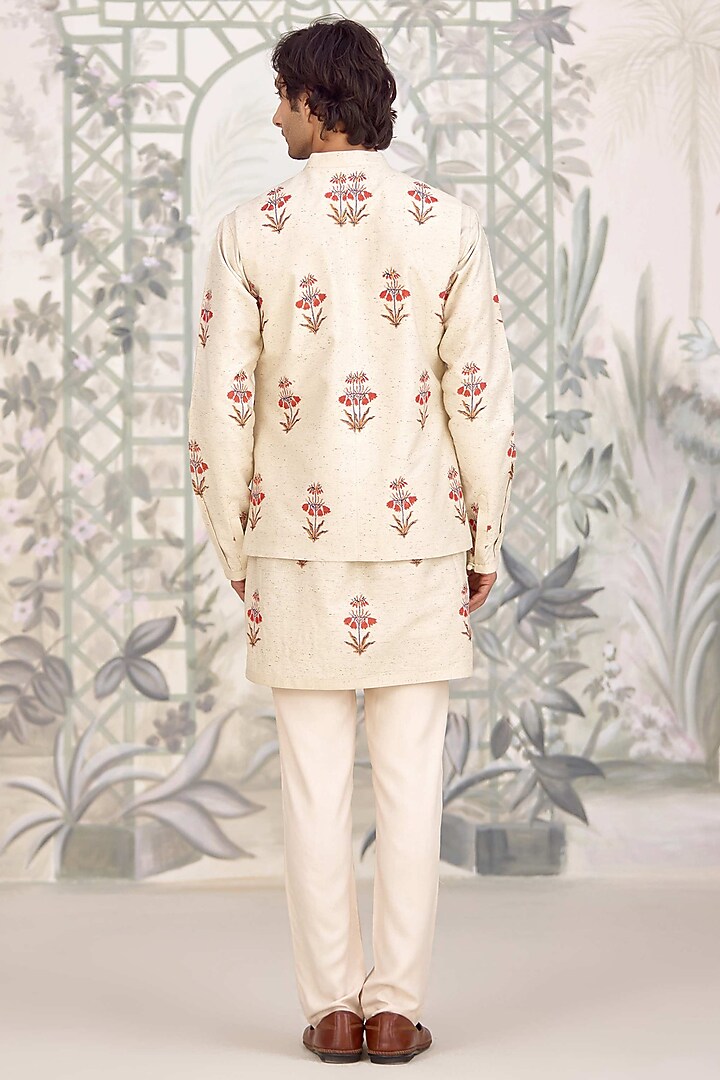 Ivory Bhagalpuri Silk Printed Nehru Jacket Set by Shyam Narayan Prasad Men at Pernia's Pop Up Shop