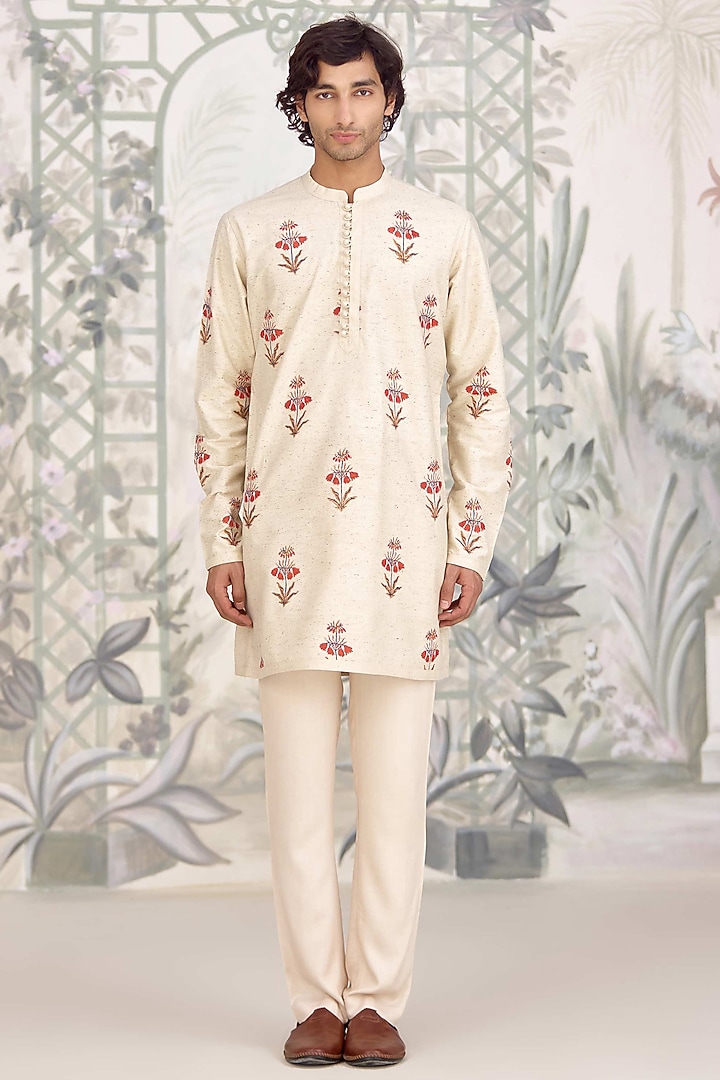 Ivory Bhagalpuri Silk Printed Nehru Jacket Set by Shyam Narayan Prasad Men at Pernia's Pop Up Shop