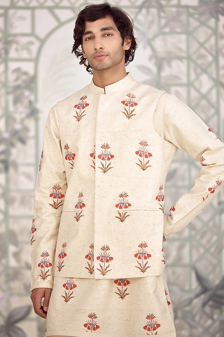 Ivory Bhagalpuri Silk Printed Nehru Jacket Set by Shyam Narayan Prasad Men at Pernia's Pop Up Shop