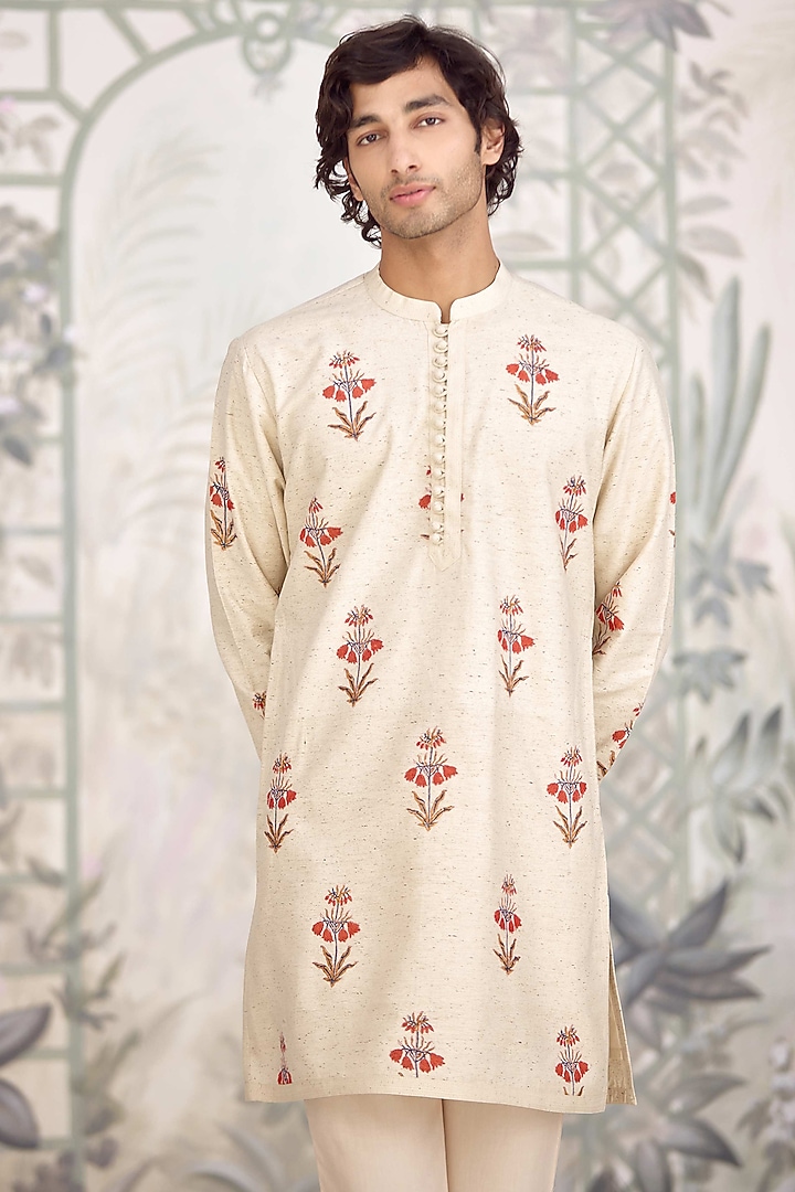 Ivory Bhagalpuri Silk Printed Nehru Jacket Set by Shyam Narayan Prasad Men at Pernia's Pop Up Shop
